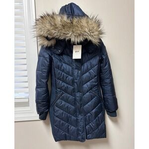 NWT Abercrombie Ultra Puffer Jacket Navy‎ Faux Fur Hood Womens S Winter Coat